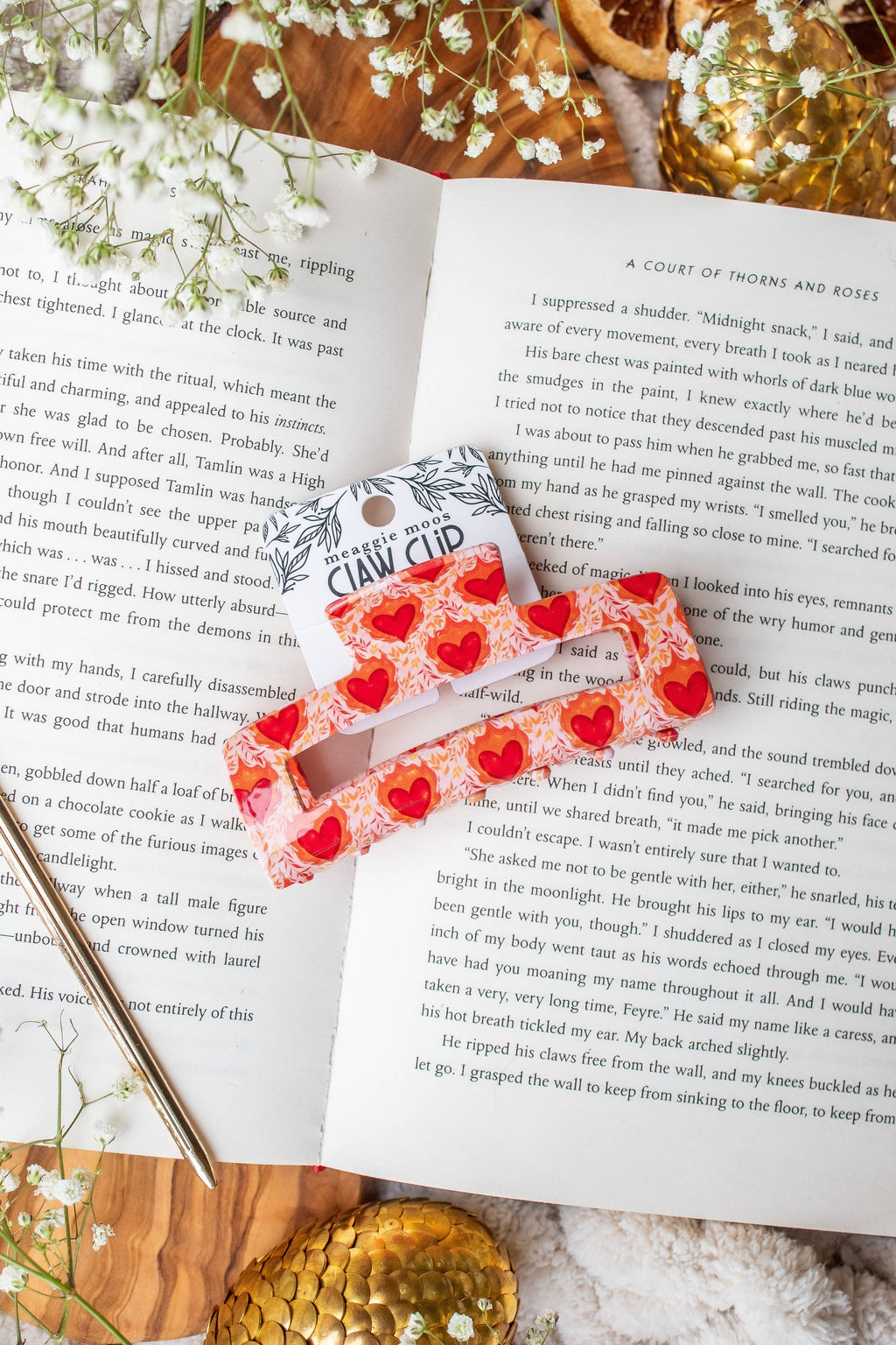 Bookish Hair Claw Clip - Flaming Hearts