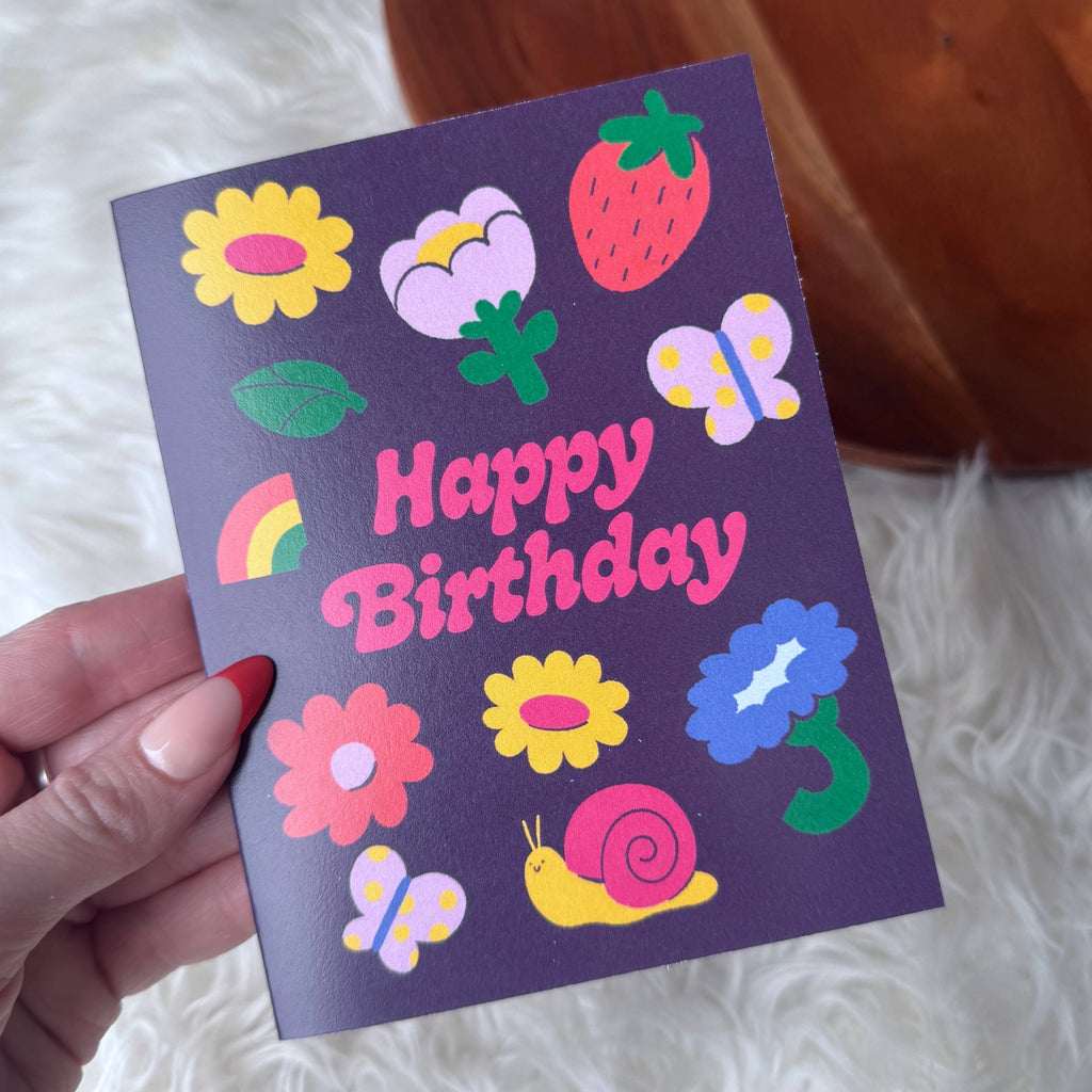 Happy Birthday Flowers & Cute Icons Spring Dark Card
